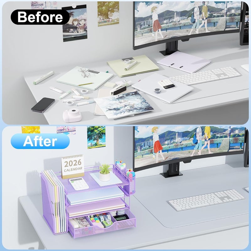 gianotter Desk Organizers and Accessories with File Holder, 4-Tier Desk Accessories & Workspace Organizers with Drawer and 2 Pen Holder, Paper Organizer for Office Supplies (Purple) - Image 2